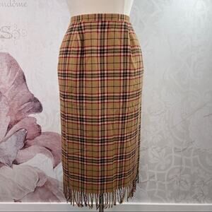 Tan Camel Plaid Wool Skirt Pencil Style with Fringe 16 Petite